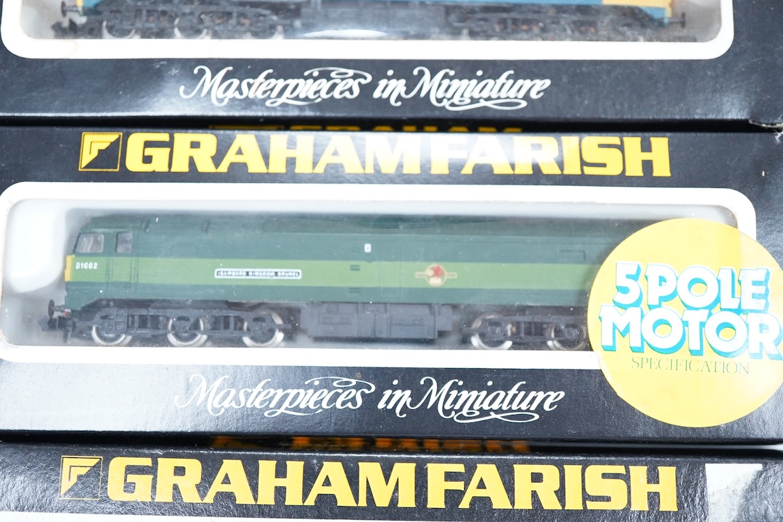 Four boxed Graham Farish N gauge railway Class 47 diesel locomotives; a BR, County of Hertfordshire 47 583 (8007), a BR, Isambard Kingdom Brunel D1662 (8004), an EWS, 47744, (802C) and a ScotRail, Waverley 47708 (8001).